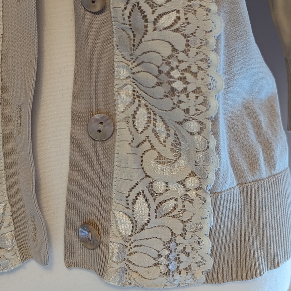August Silk blend cardigan button down lace trim beige cream Med/large - Picture 5 of 15